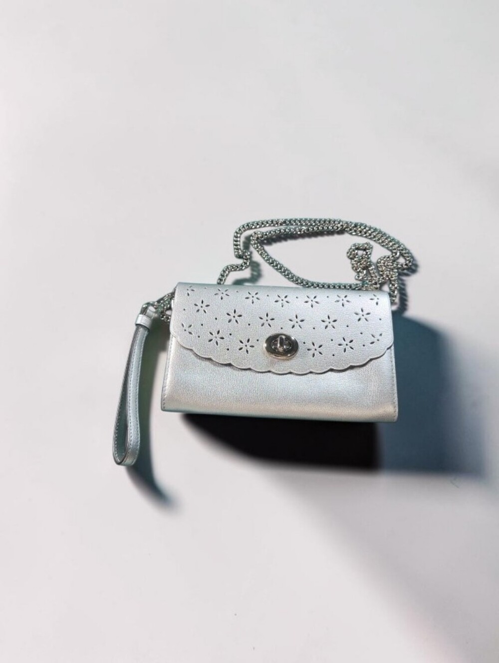 Coach Perforated Laser-Cut Leather Chain Crossbody/Wristlet Clutch